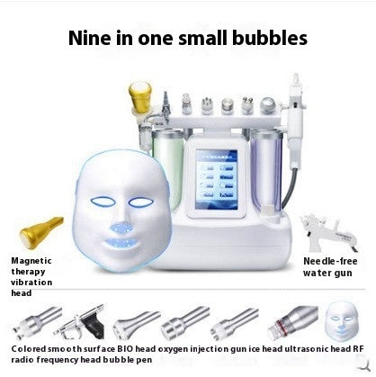 Multifunctional beauty device with various attachments labeled on a white background.