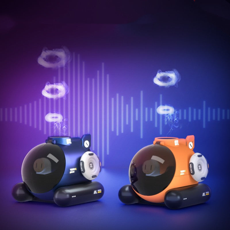 Two colorful robot-like devices on a purple background with sound wave graphics.