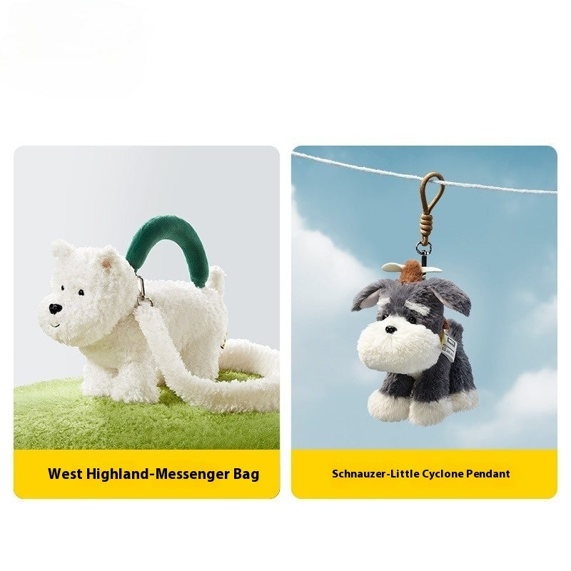 Two plush dog toys on cards with text labels against a white background