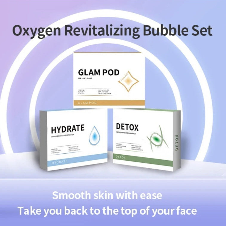 Glam Pod shampoo box with 'Hydrate' and 'Detox' boxes on a light blue background