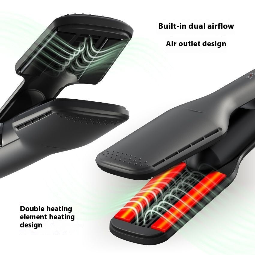 Hair straightener with dual airflow and heating element design on a white background