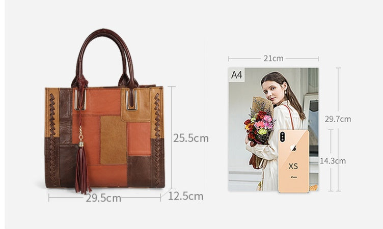 Multicolored patchwork handbag with dimensions and a phone for scale on a white background