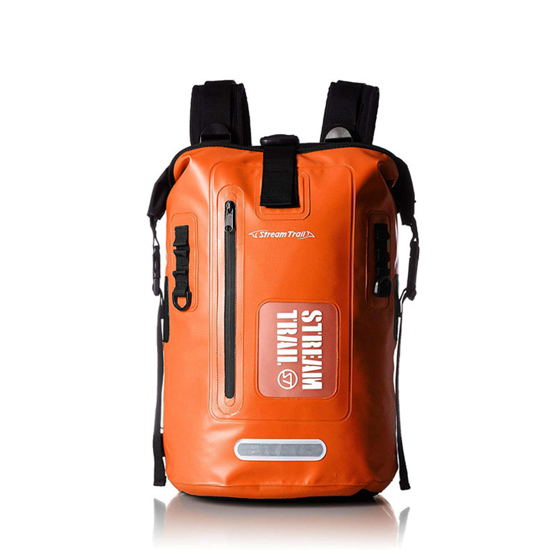 Orange backpack with black straps on a white background
