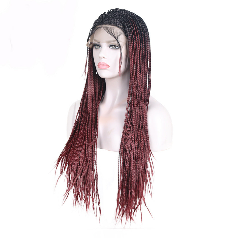 Mannequin head with a burgundy braided wig on a white background