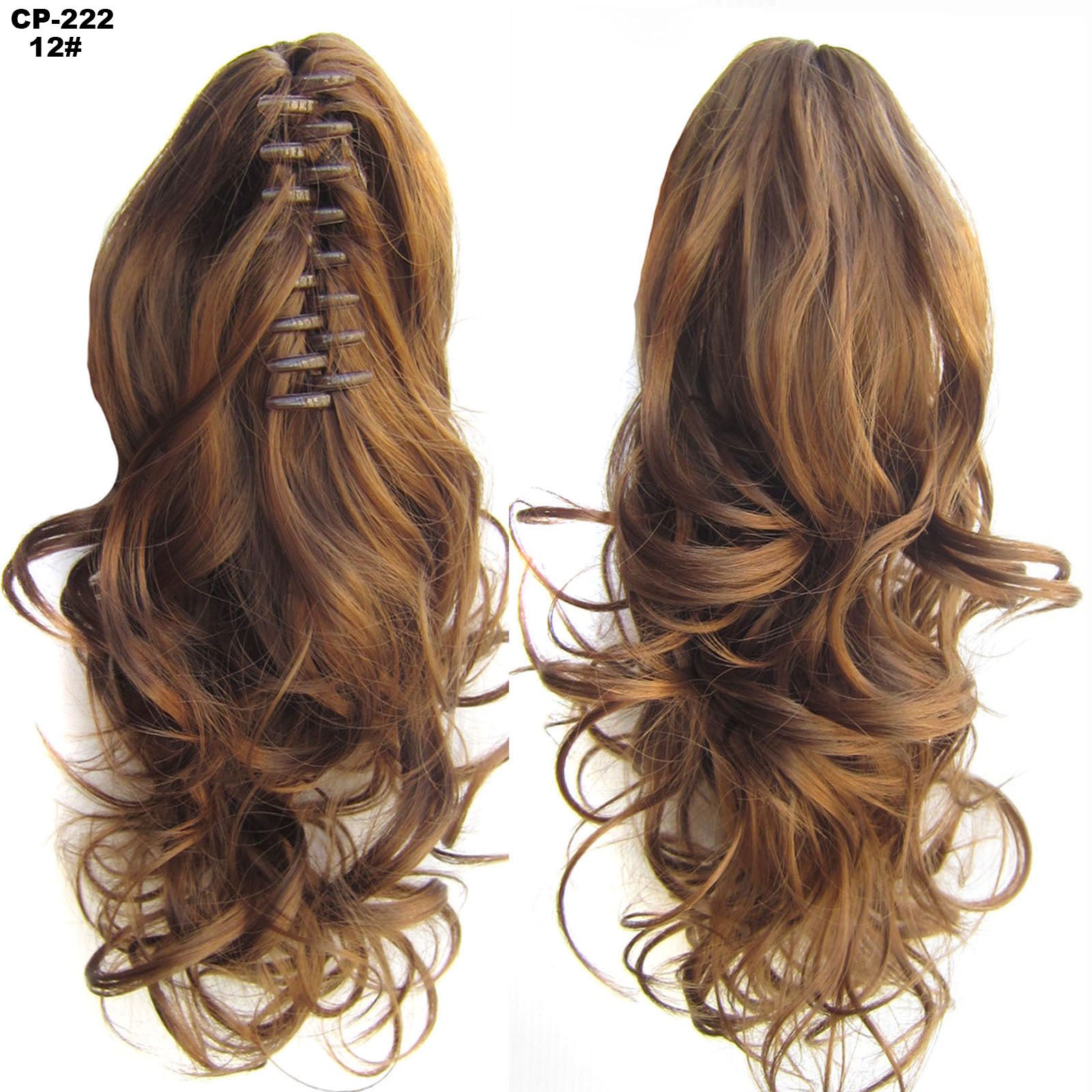 Brown hair extension with a clip on the left and a ponytail on the right, on a white background.