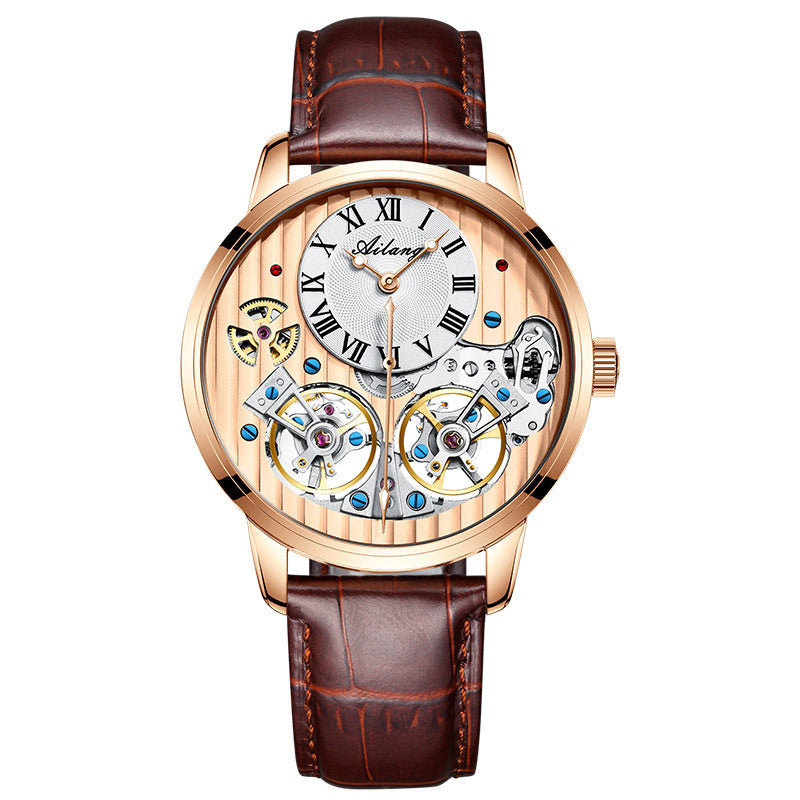 Luxury watch with brown leather strap and rose gold case on white background
