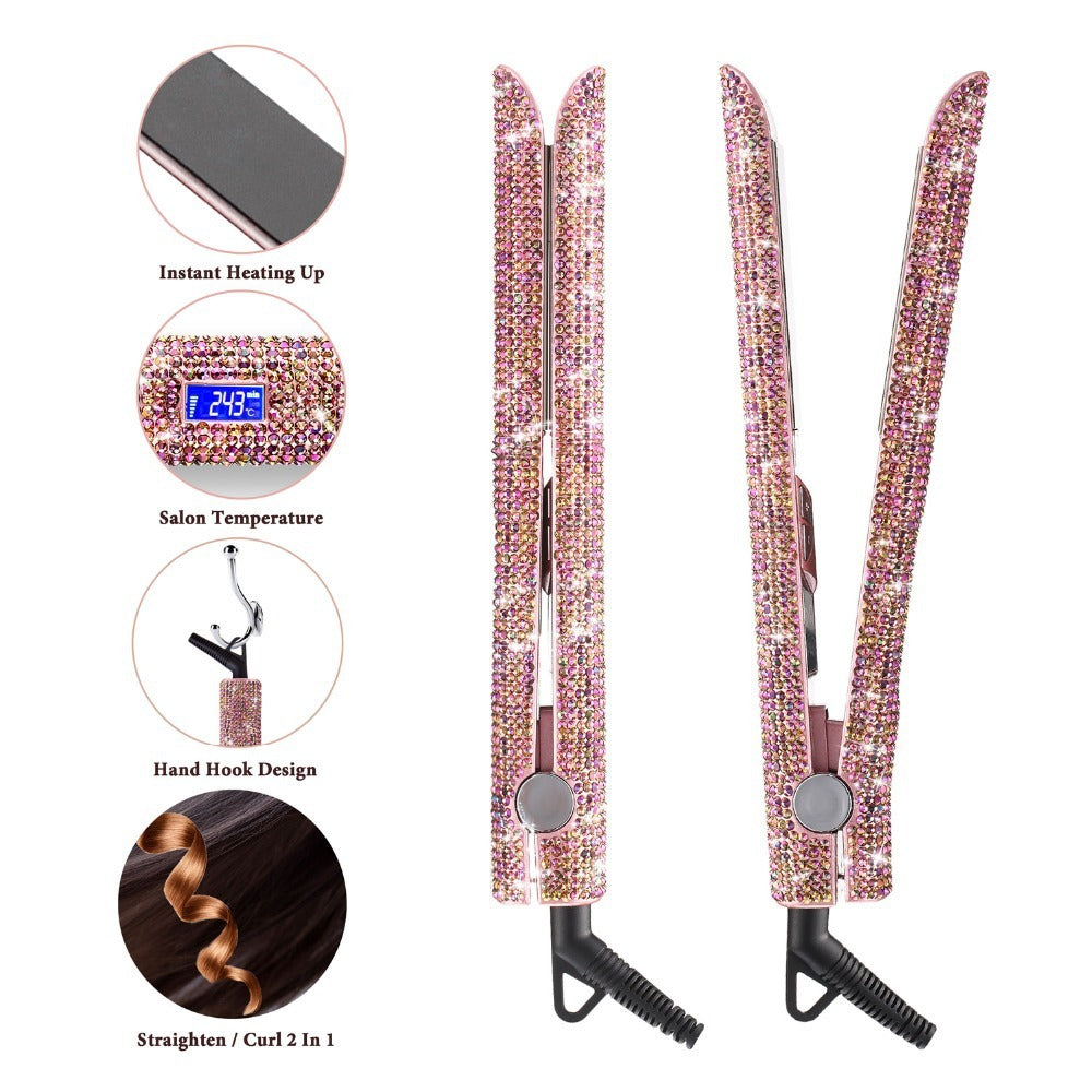 Pink hair straightener with digital display and features highlighted on a white background