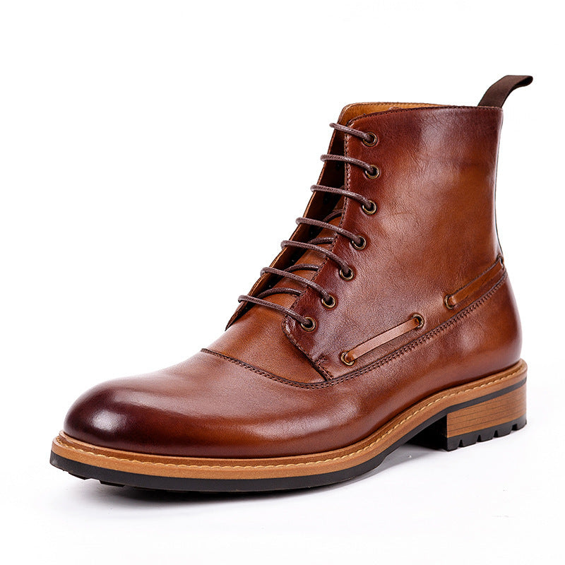 Brown leather boot with laces on a white background