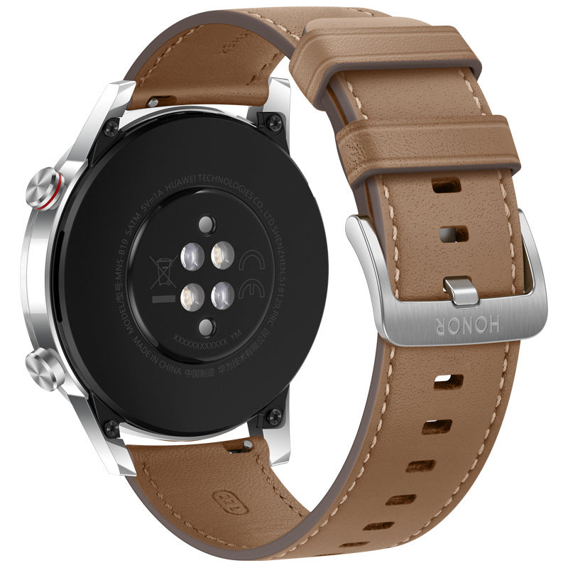 Smartwatch with brown leather strap and metallic casing on a white background