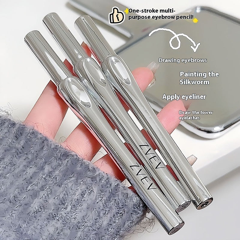 Silver ZVEV multi-purpose eyebrow pencil held by a hand with a white background