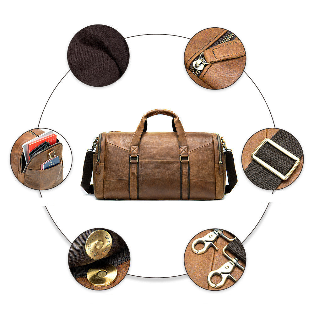 Brown leather duffel bag with close-up details on a white background