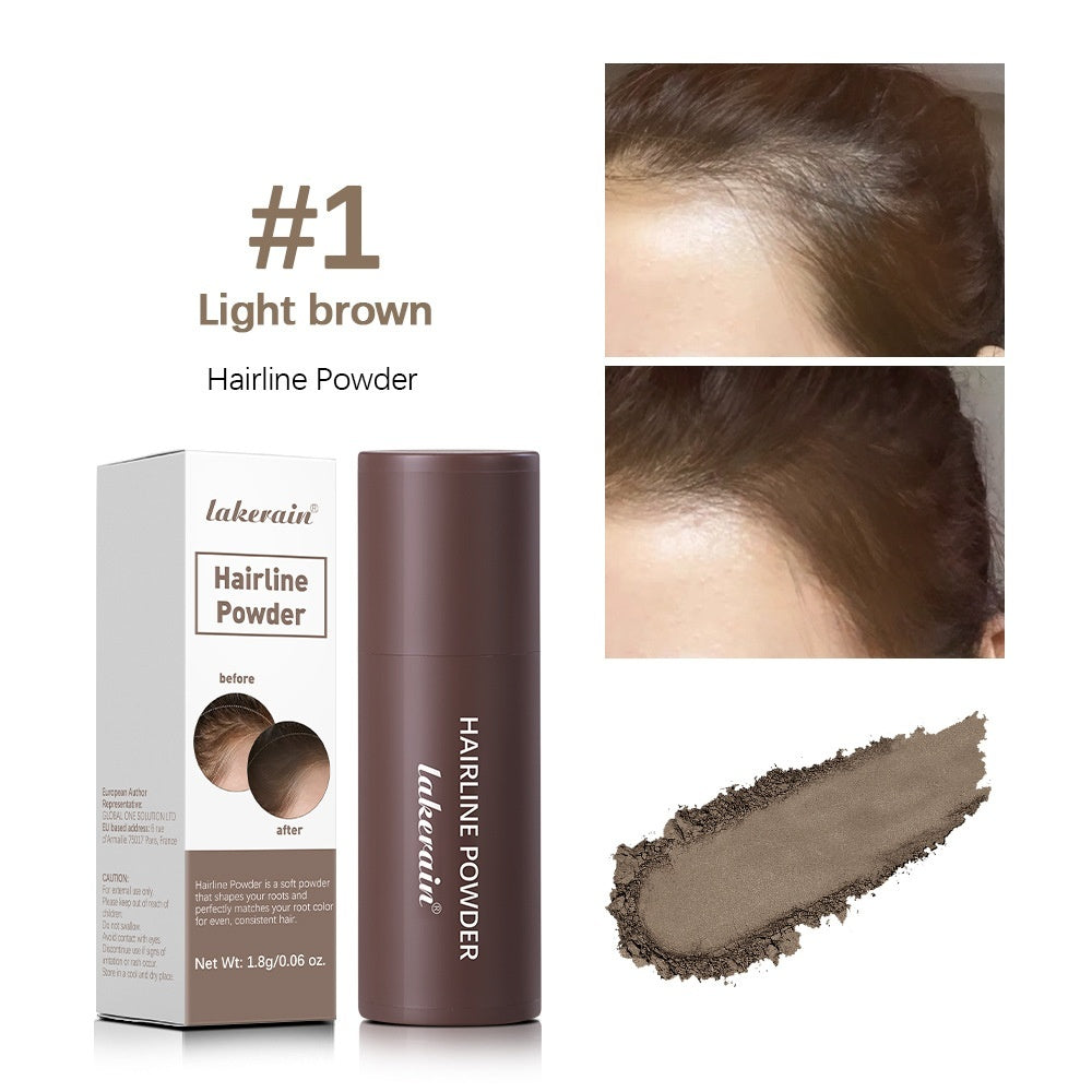 Hairline powder with packaging, application examples, and color swatch on a white background