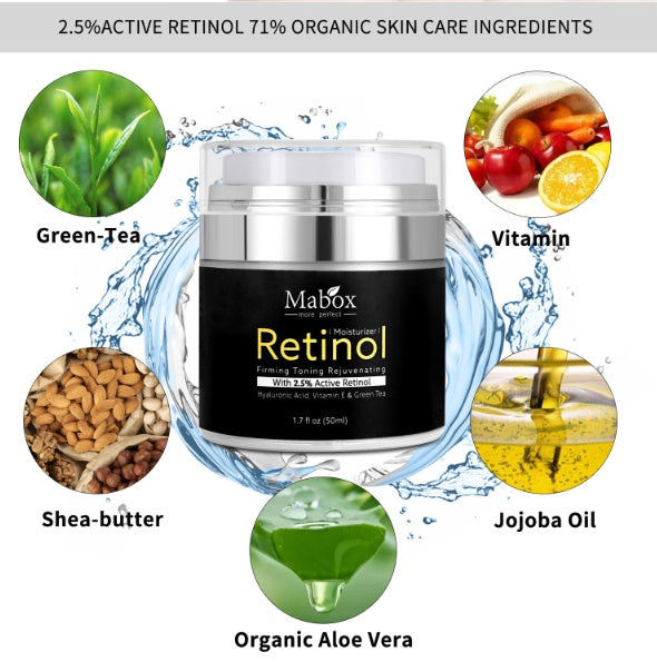 Mabox Retinol skincare cream with ingredients listed around it on a white background