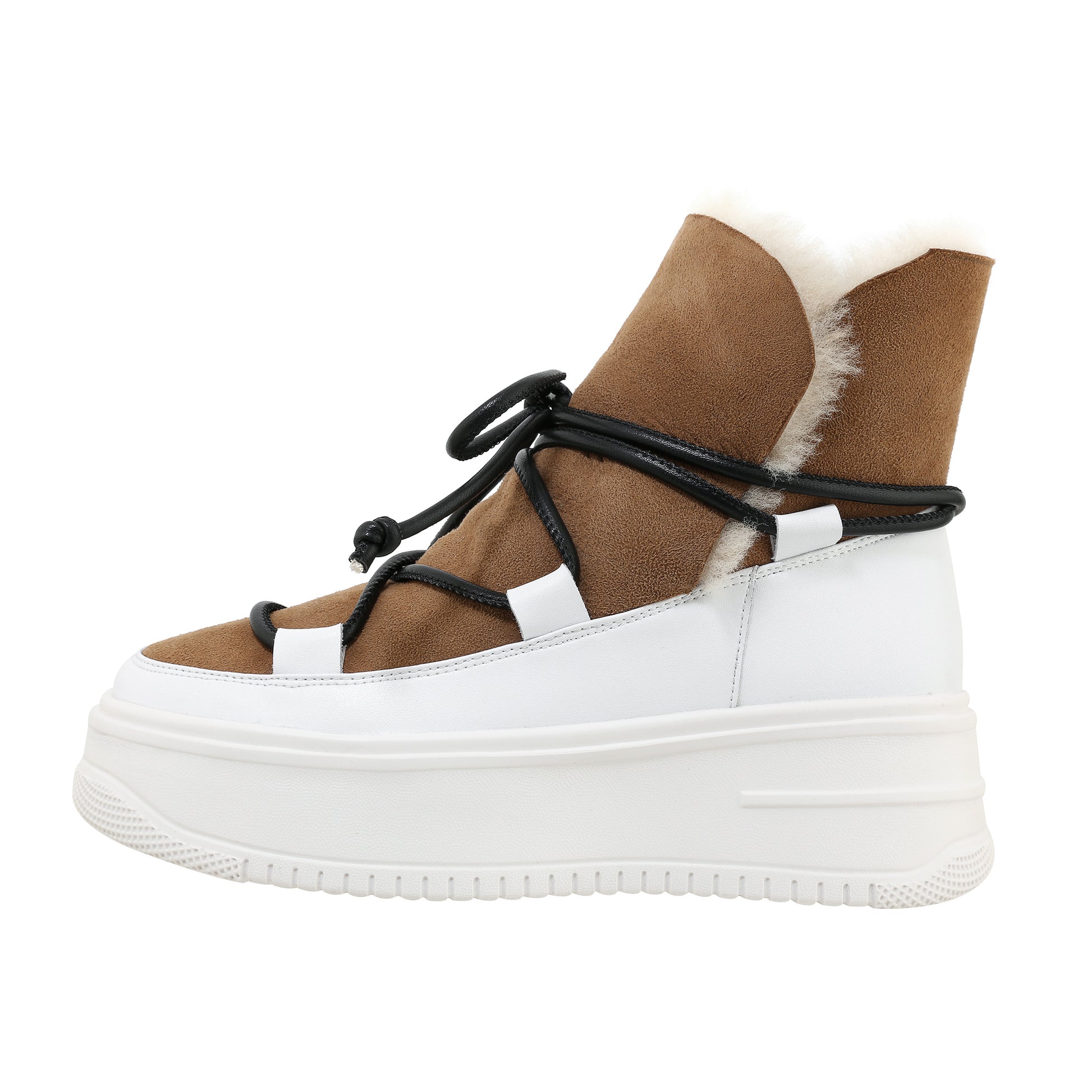 Brown and white sneaker with black laces on a white background