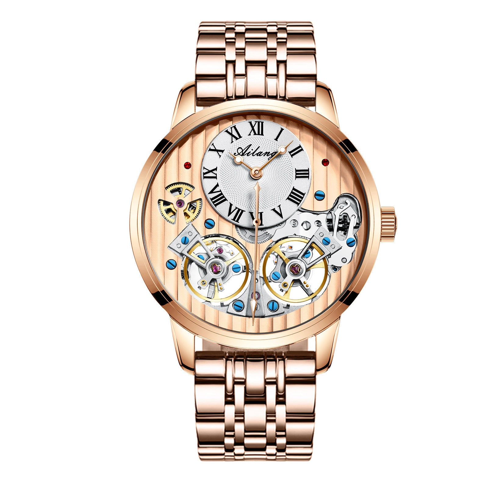 Rose gold watch with visible mechanical components on a white background