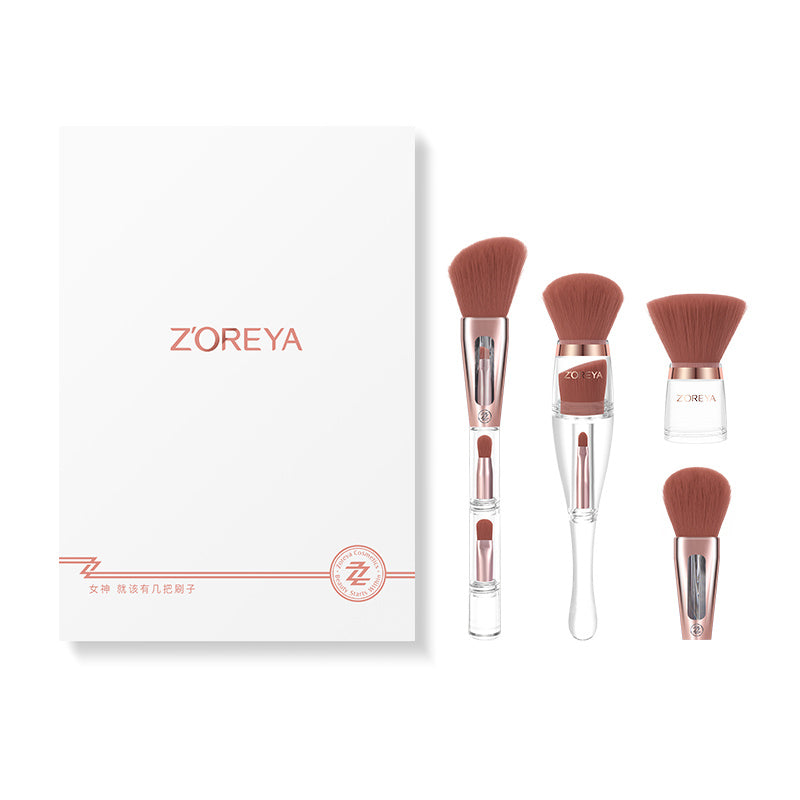 Set of makeup brushes with a ZOREYA branded box on a white background