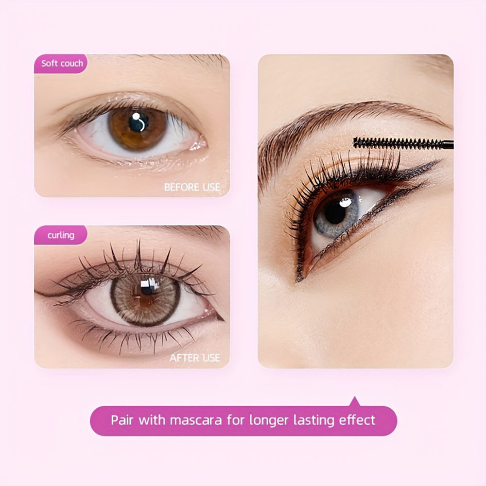 Before and after effect of eyelash product application on a person's eye with text indicating product use.