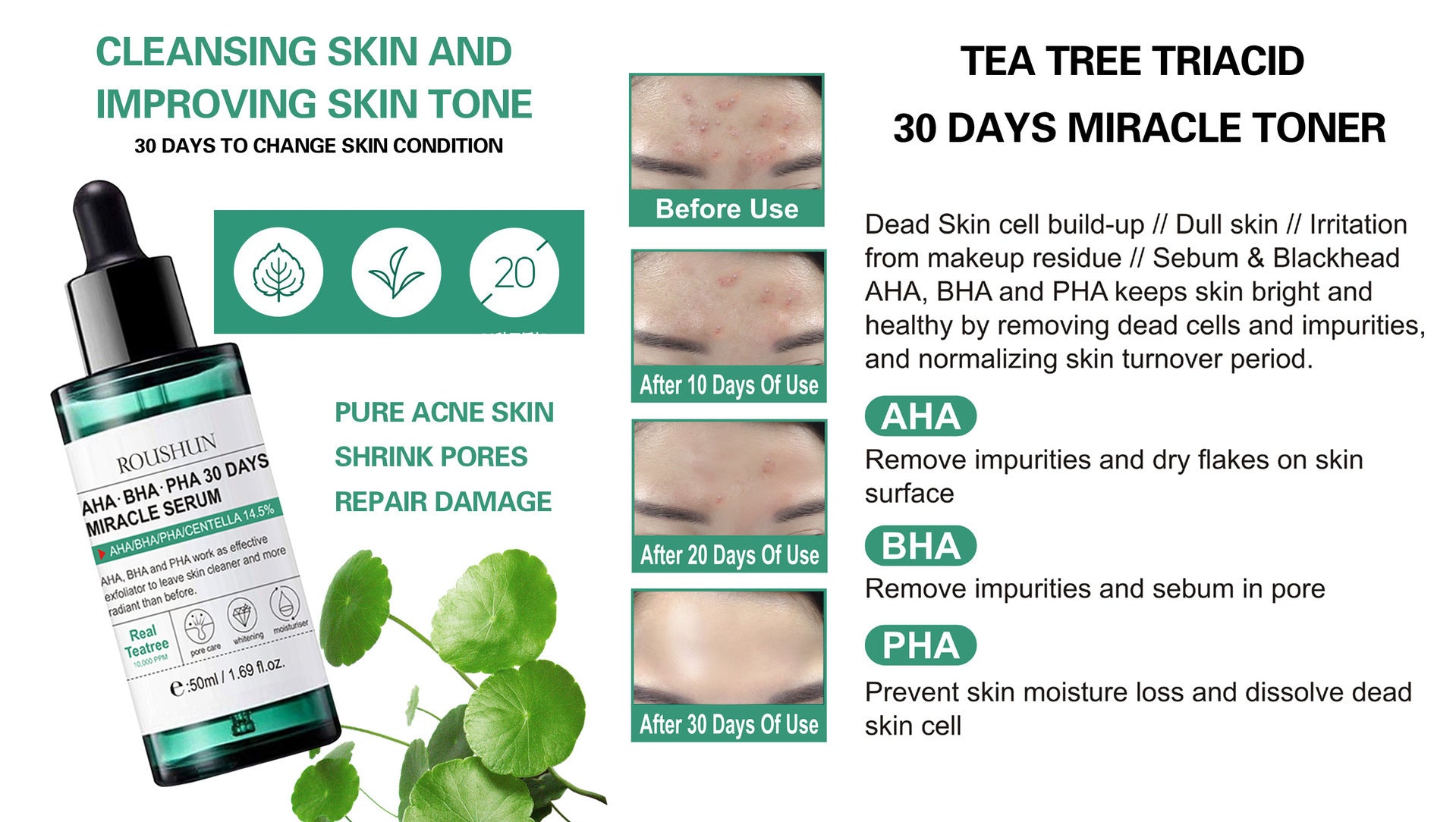 Skincare product advertisement with before and after effects on skin.