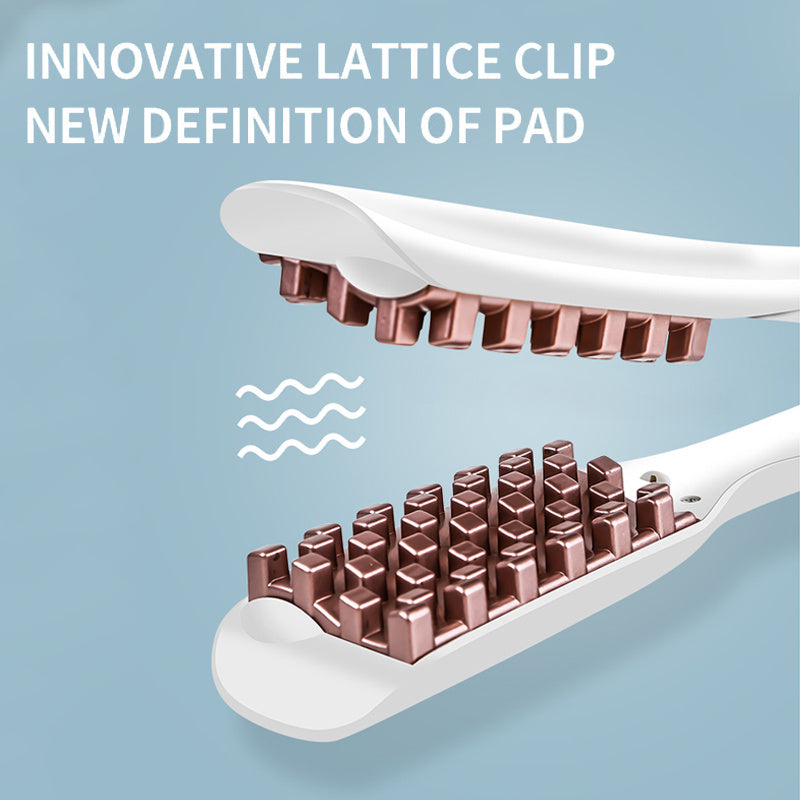 Innovative lattice clip with white handle and rose gold lattice design on a blue background