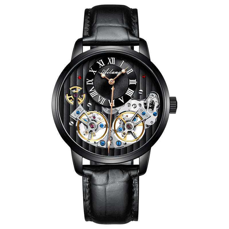 Luxury watch with black leather strap and transparent face showing mechanical components on a white background