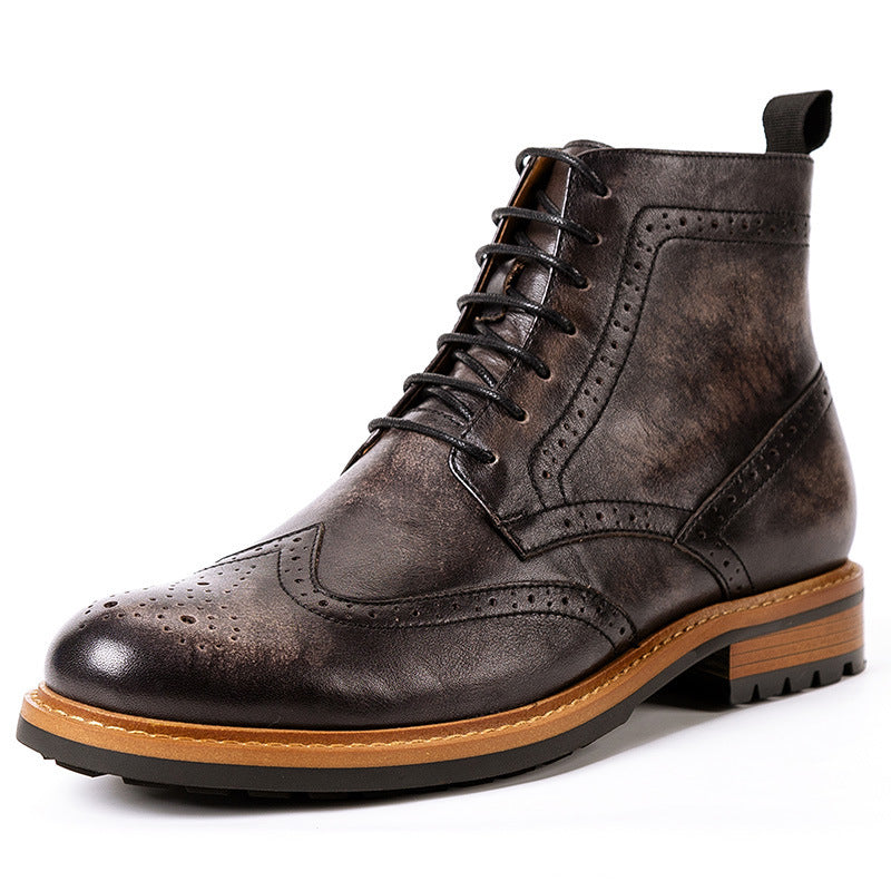 Brown leather brogue boot on a white background