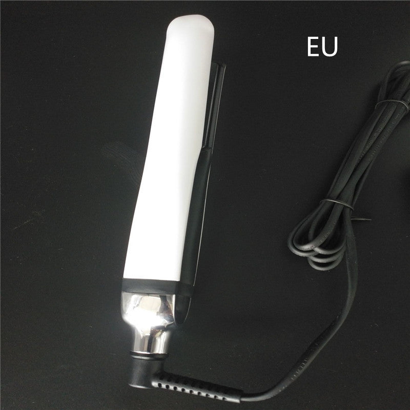 Hair straightener with a cord on a black background, labeled 'EU'.
