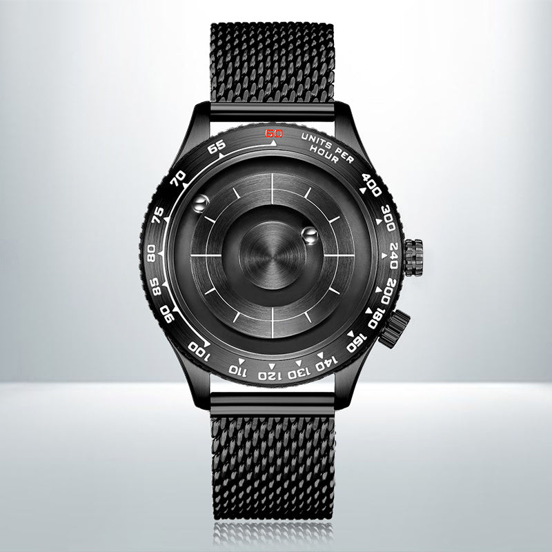 Black watch with detailed face on a light gray background