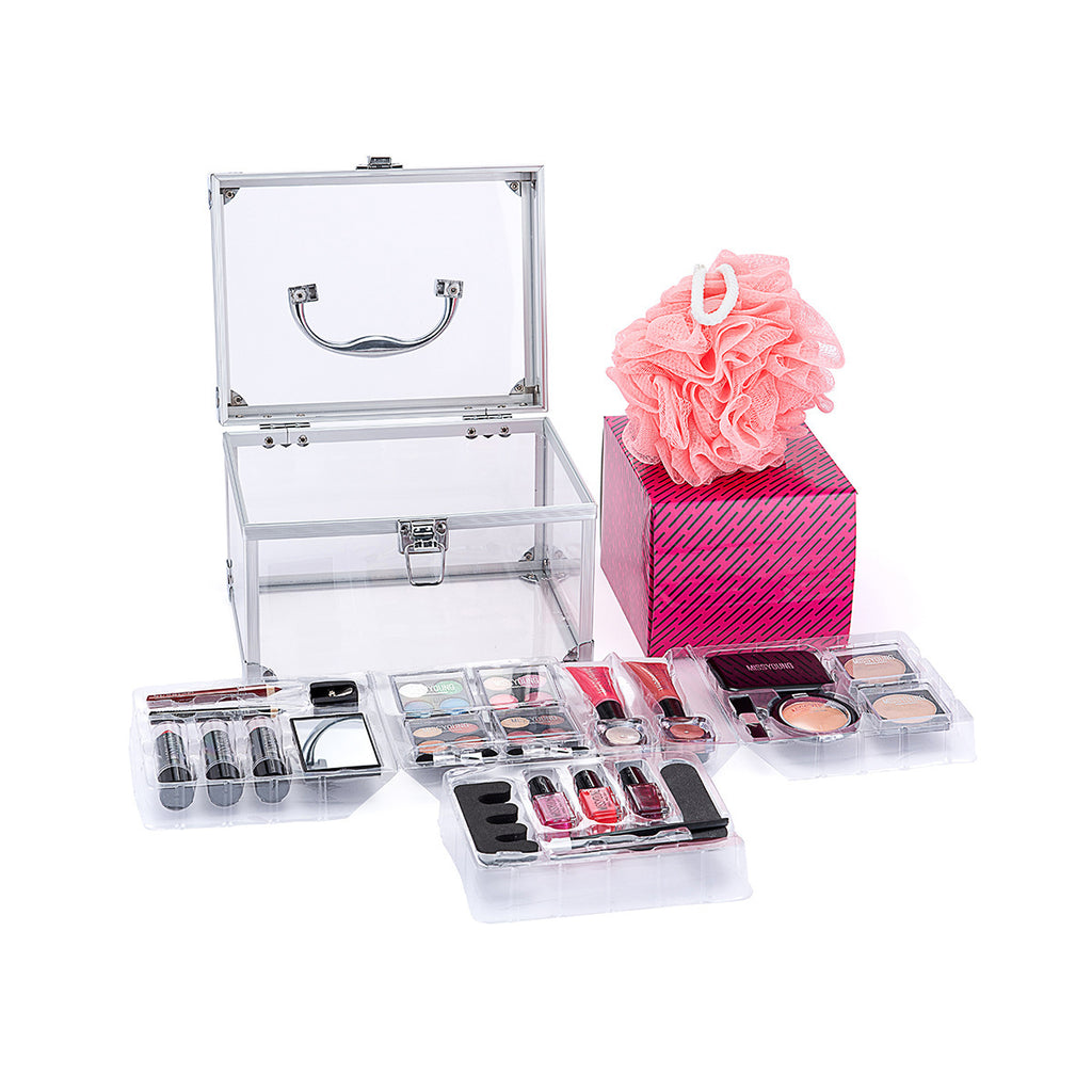 Makeup set with a clear storage case and pink sponge on a white background