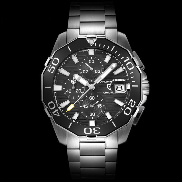 Silver wristwatch with black dial on a black background
