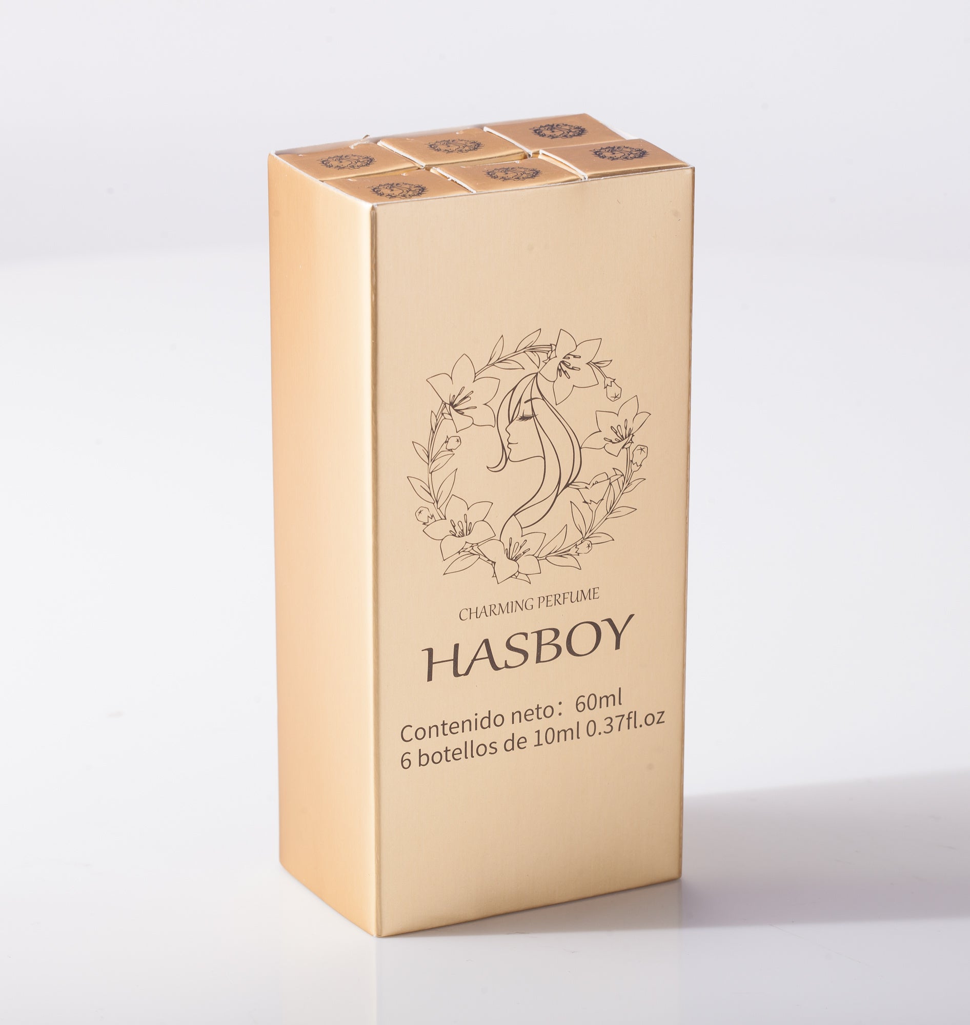 Gold packaging box for HASBOY perfume with floral design on a white background