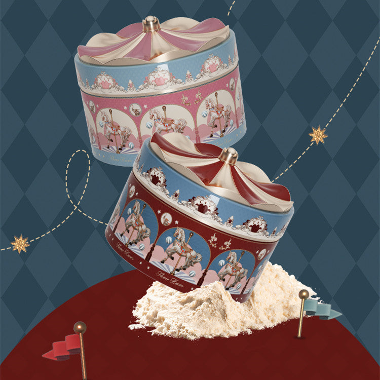 Decorative boxes with circus-themed illustrations on a red and blue checkered background