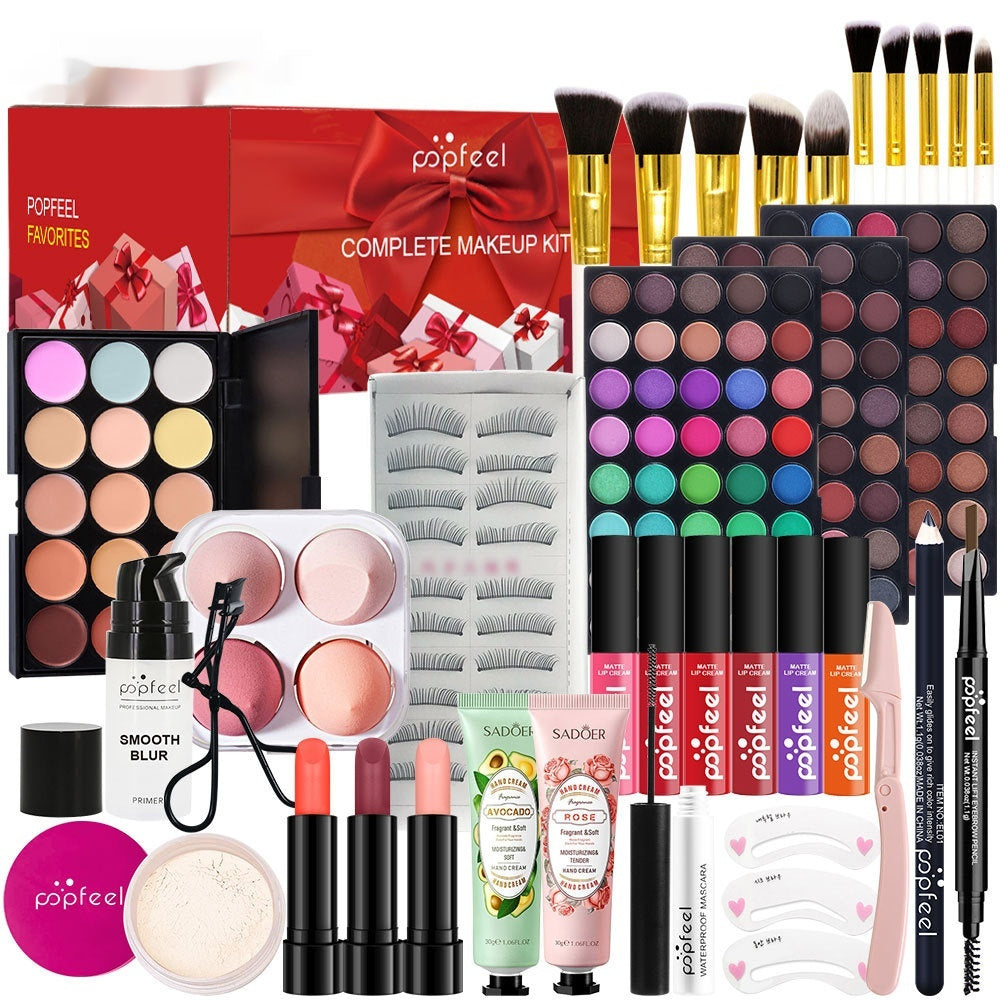 Pomeel complete makeup kit with various cosmetic items including lipsticks, eye shadows, and brushes.