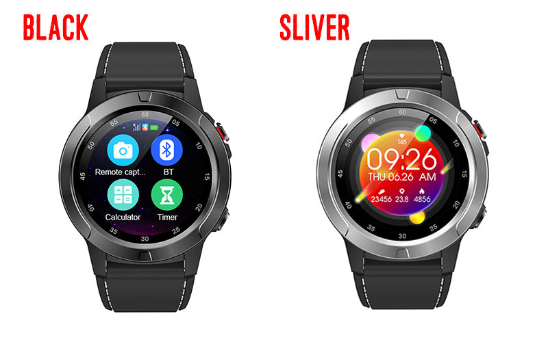 Two smartwatches, one black and one silver, displayed side by side on a white background.