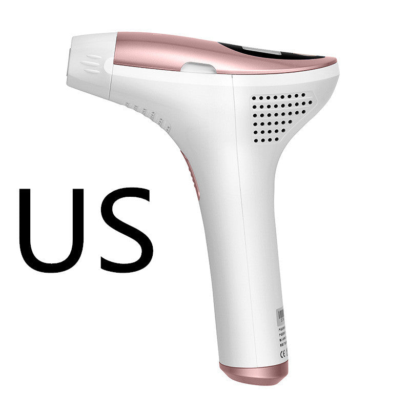 White and rose gold hair removal device on a white background with 'US' text.