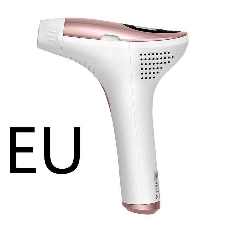 White and rose gold hair removal device with 'EU' label on a white background