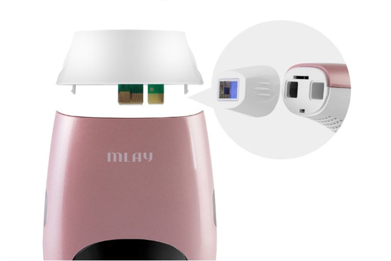 Pink electronic device with 'MLAY' branding on a white background