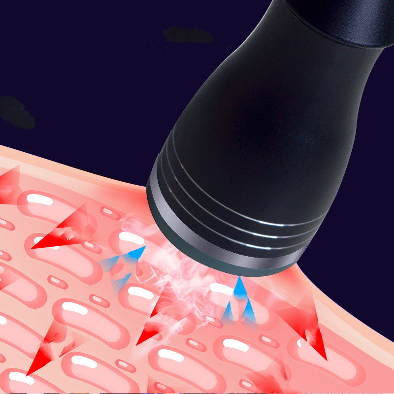 Illustration of a black device targeting skin cells with red and blue arrows on a dark background