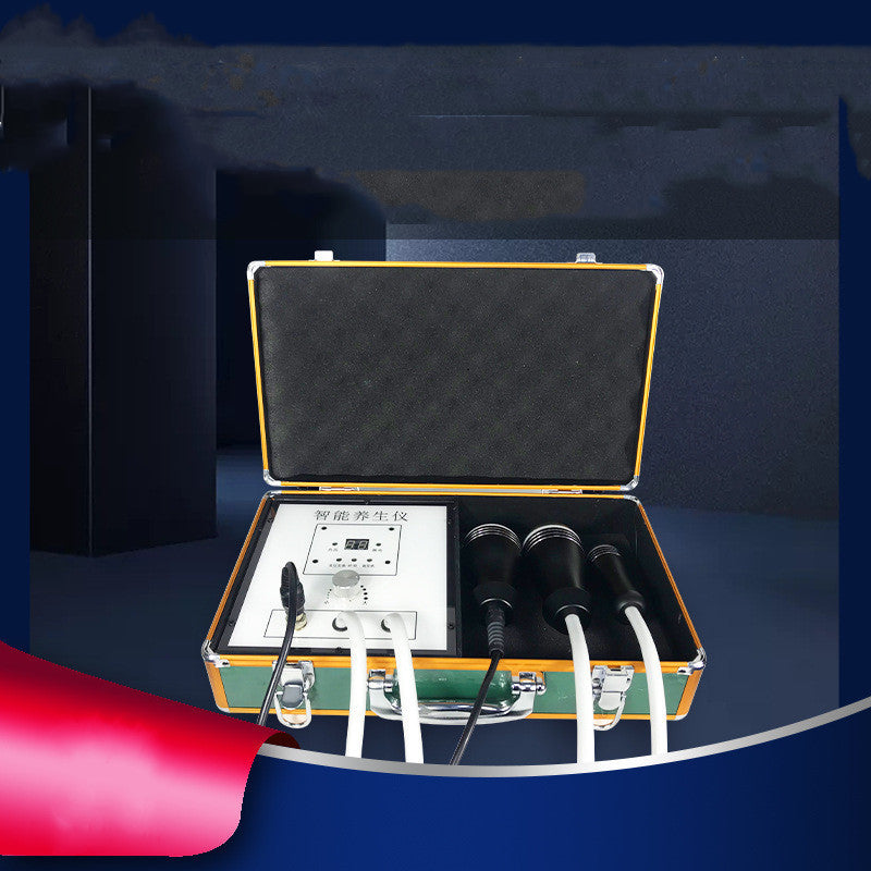 Portable medical device with cables in an open briefcase on a reflective surface