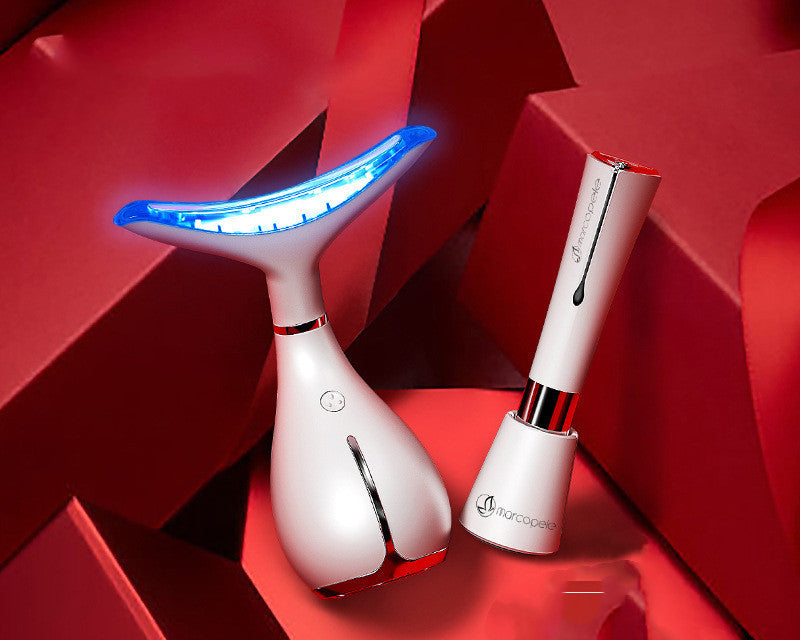 White electronic device with blue light on a red geometric background