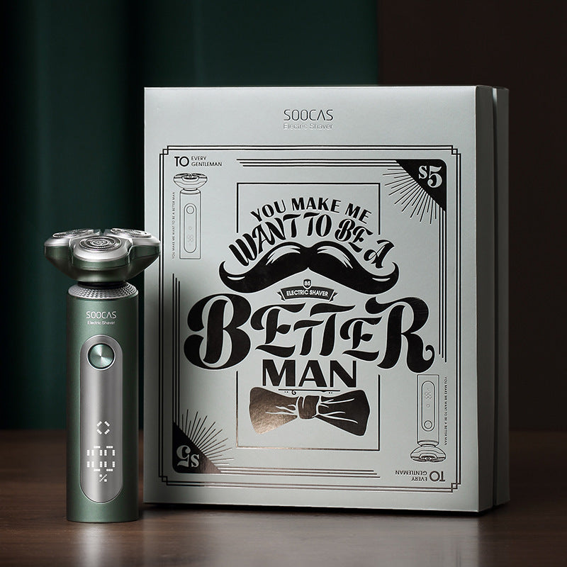 Shaver and packaging with motivational quote on a dark background