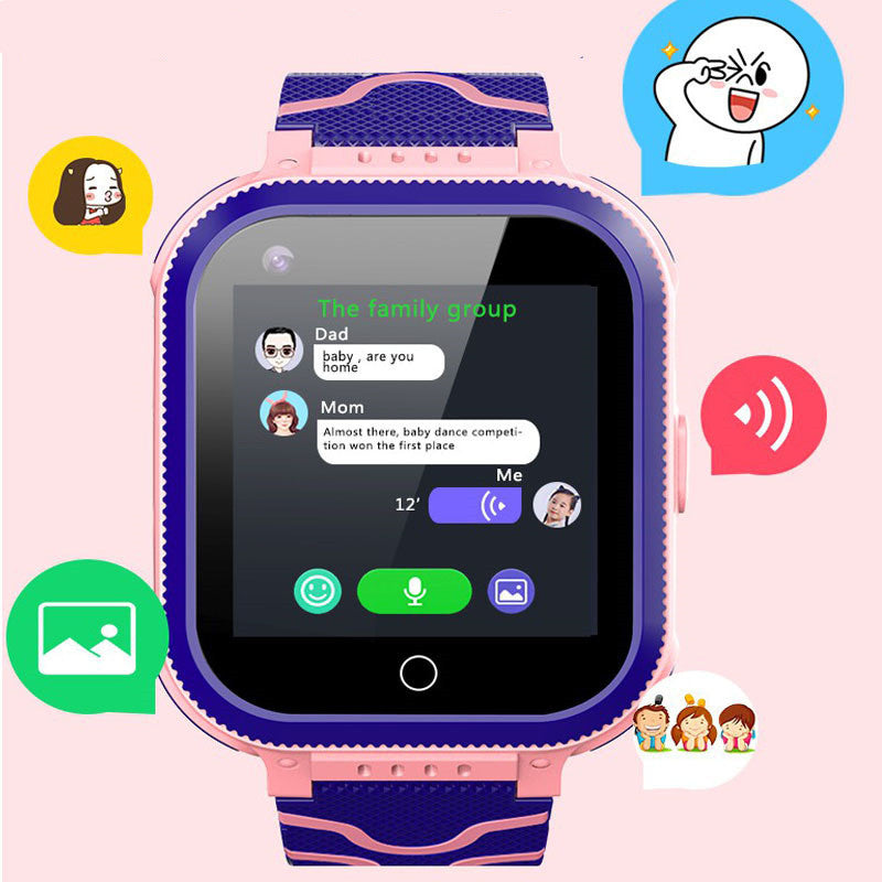 Children's smartwatch with a pink and blue strap on a pink background