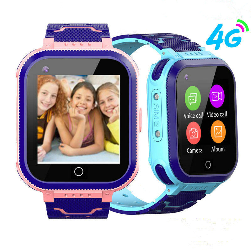 Two children's smartwatches, one pink and one blue, with a display of children and 4G connectivity icon.