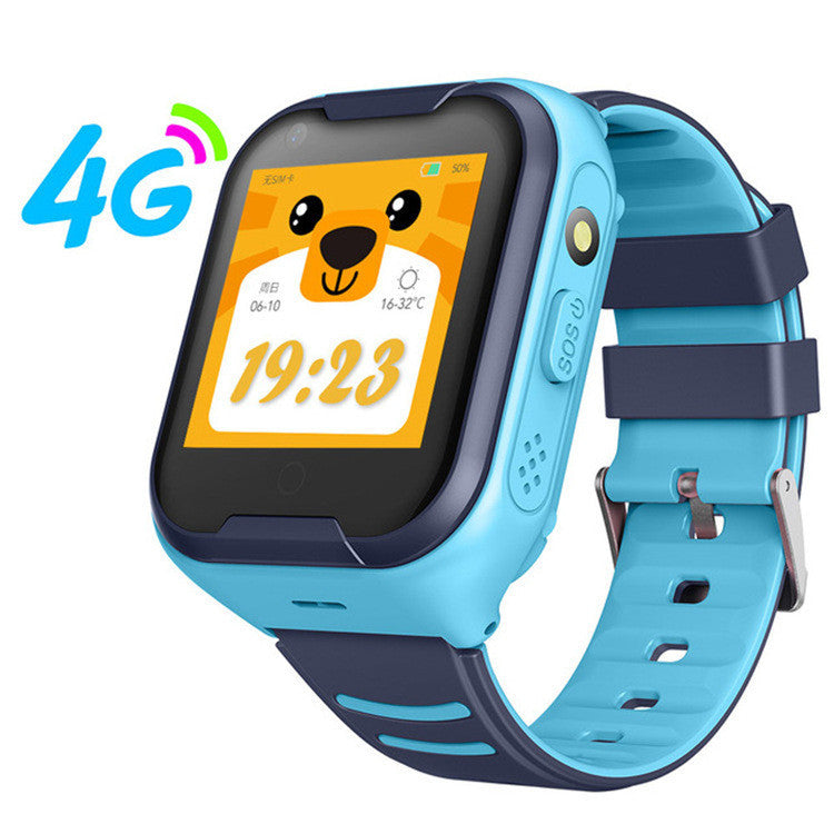 Blue and black smartwatch with a cartoon character on the screen, featuring a 4G logo.