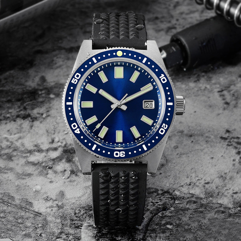 Wristwatch with blue dial and black strap on a textured surface