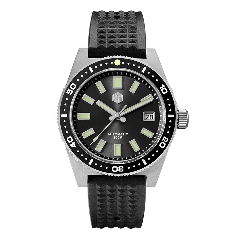 Black wristwatch with a detailed face on a white background