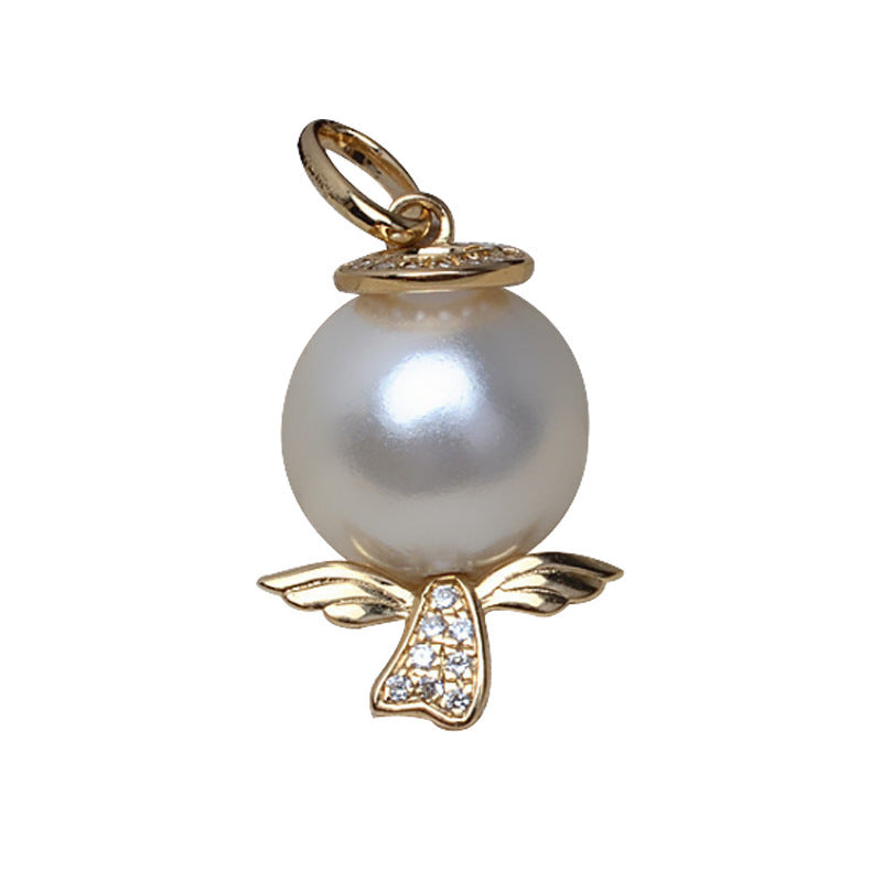 Pearl pendant with gold wing-like design on a white background
