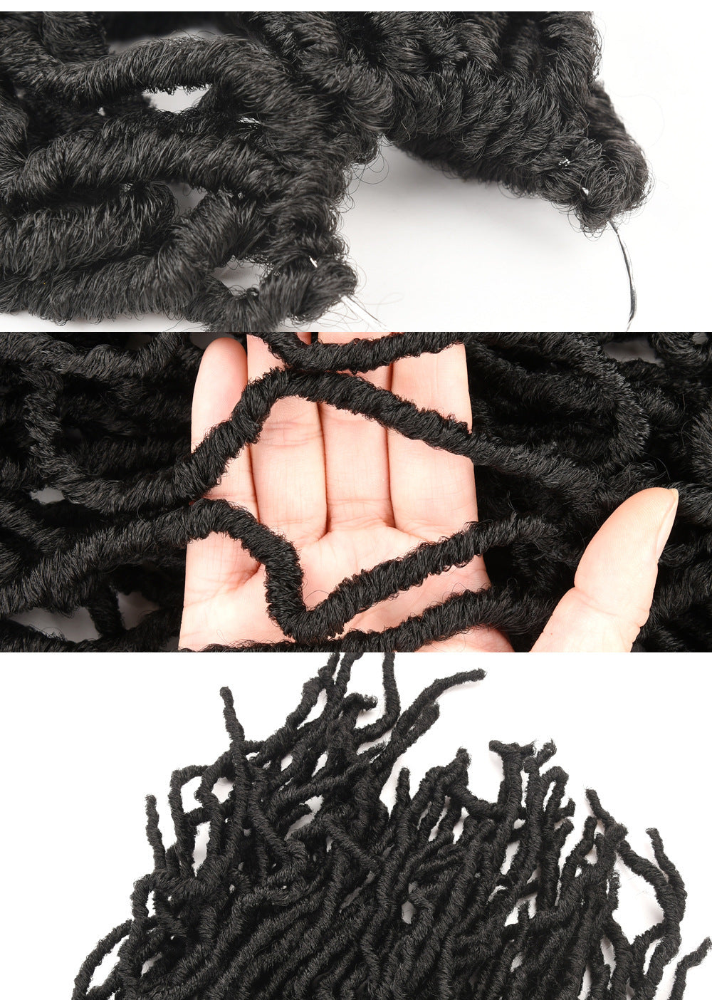 Black textured yarn with close-up of hand holding it, and additional views of the yarn.