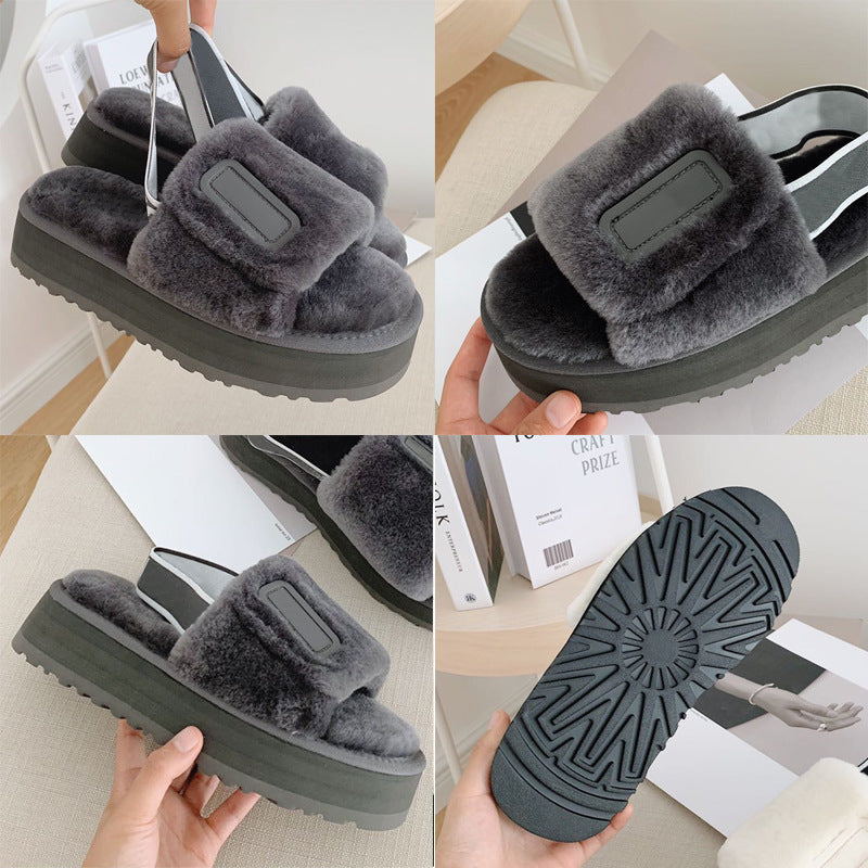 Collage of gray fuzzy slippers with a platform sole, held in hands against a neutral background.