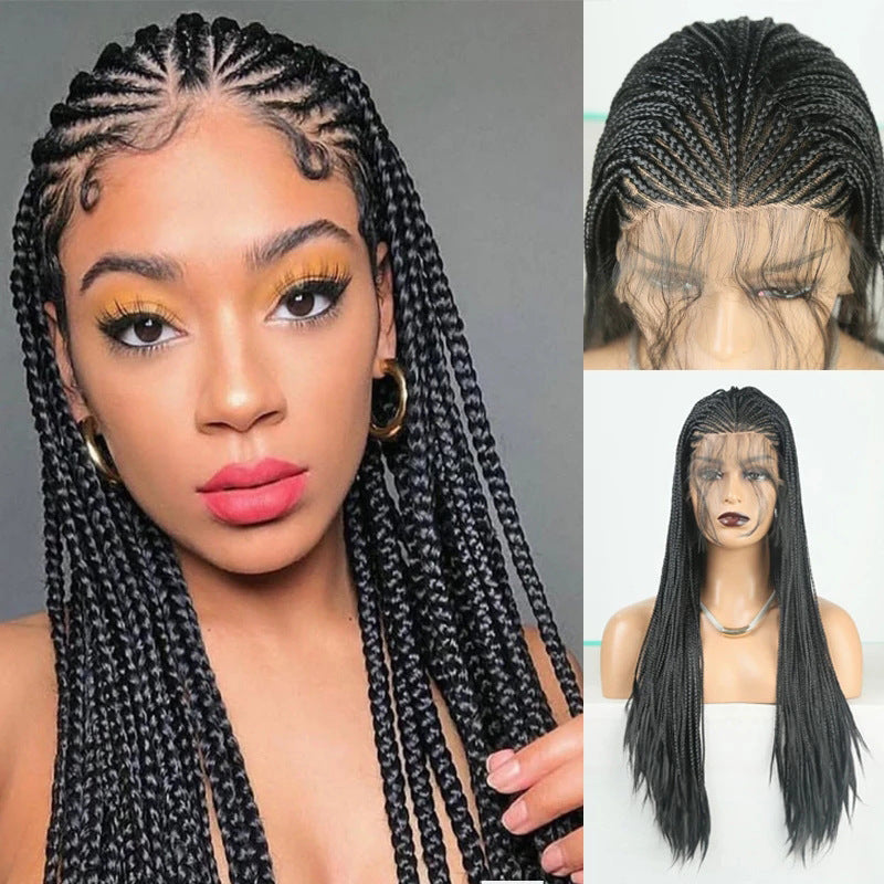 Woman with braided hair and a wig on a mannequin, set against a gray background.