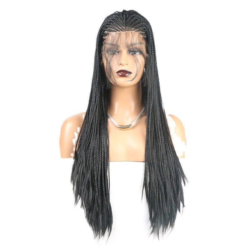 Black braided wig on a mannequin head against a white background